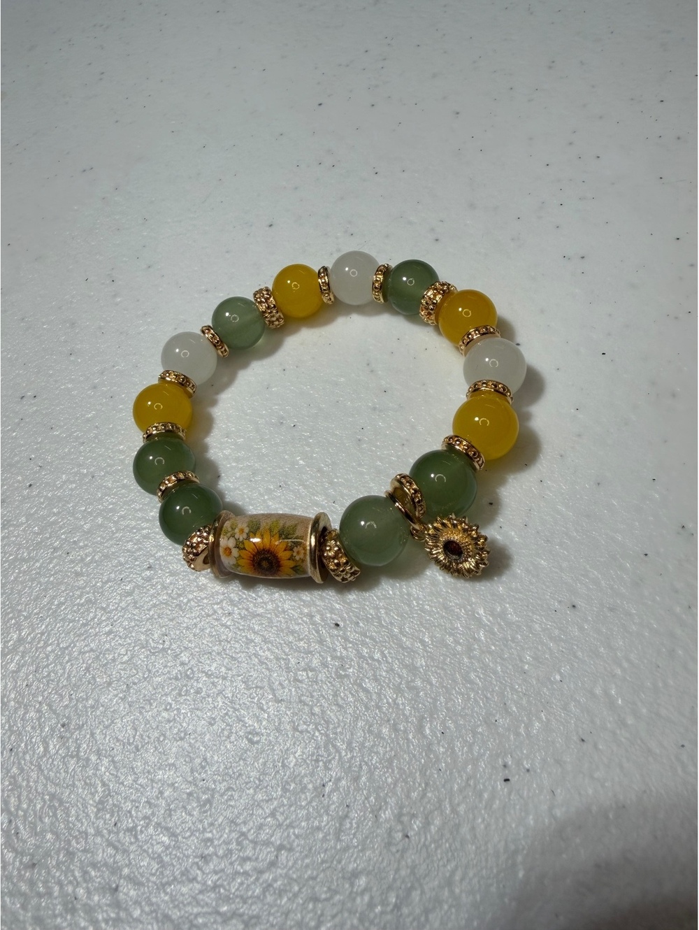 Green Yellow and White Beaded Stretch Bracelet